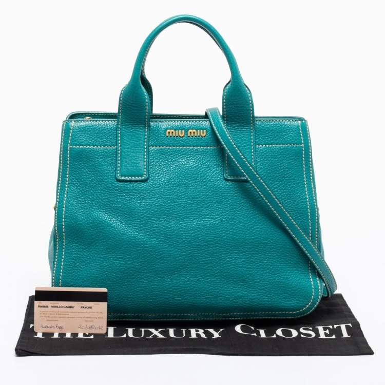 Pre Owned Miu Miu Green Vitello Caribu Leather Middle Zip Tote
