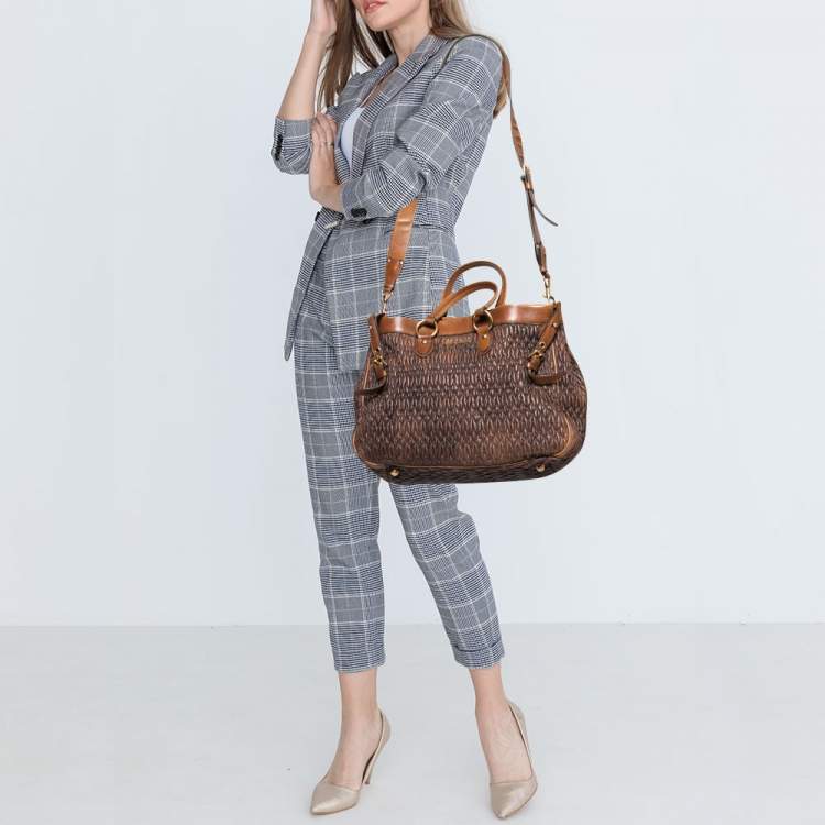 Pre Owned Miu Miu Brown Matelassé Leather Buckle Tote 