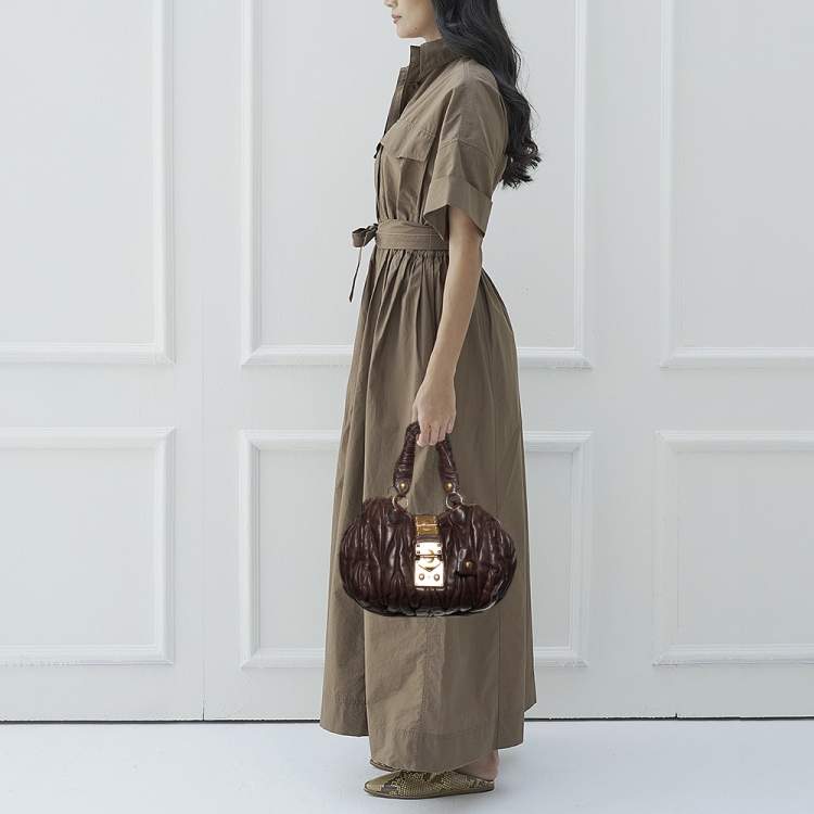 Pre Owned Miu Miu Dark Brown Matelasse Leather Bauletto Satchel