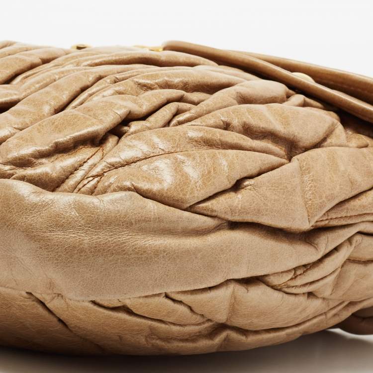 Pre Owned Miu Miu Beige Matelassé Lux Leather Coffer Hobo