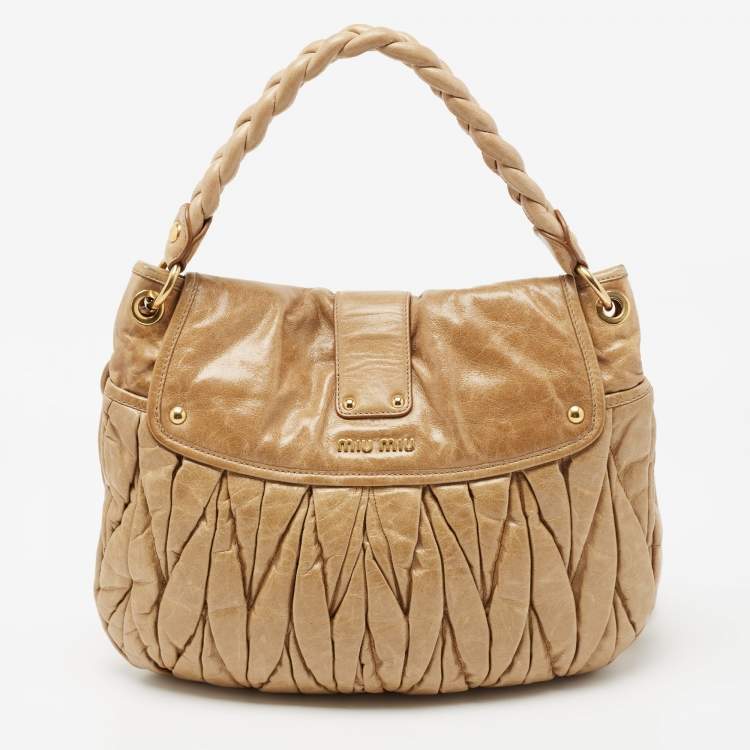 Pre Owned Miu Miu Beige Matelassé Lux Leather Coffer Hobo