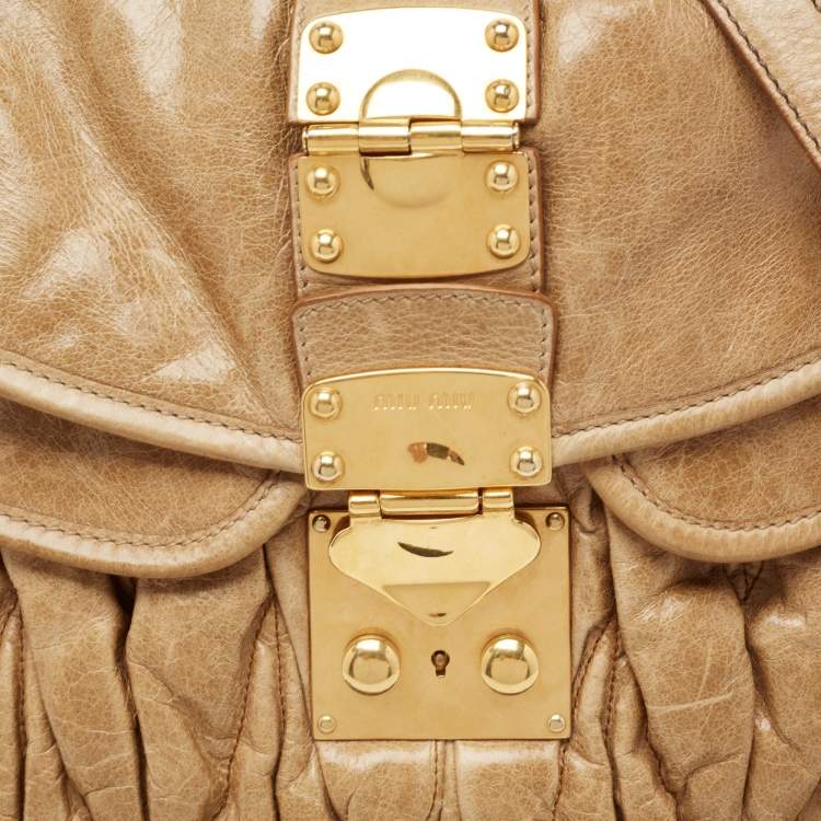 Pre Owned Miu Miu Beige Matelassé Lux Leather Coffer Hobo