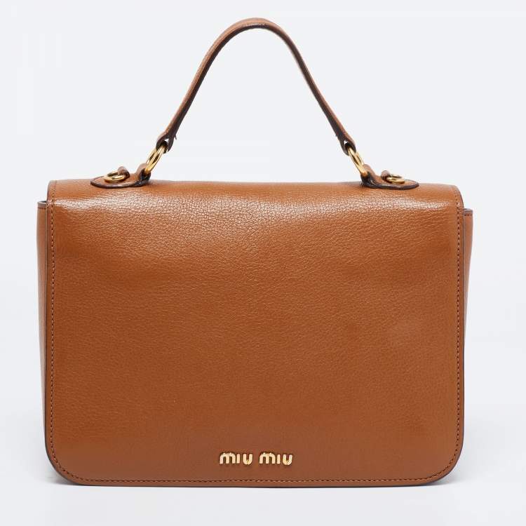 Pre Owned Miu Miu Brown  Leather Push Lock Flap Top Handle Bag