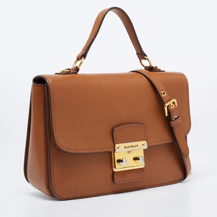 Pre Owned Miu Miu Brown  Leather Push Lock Flap Top Handle Bag