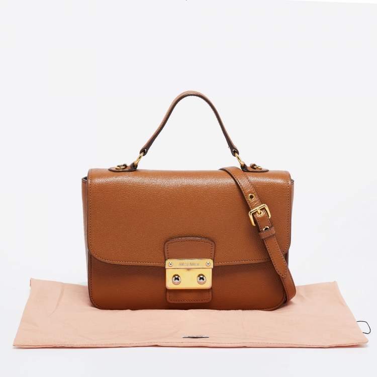 Pre Owned Miu Miu Brown  Leather Push Lock Flap Top Handle Bag