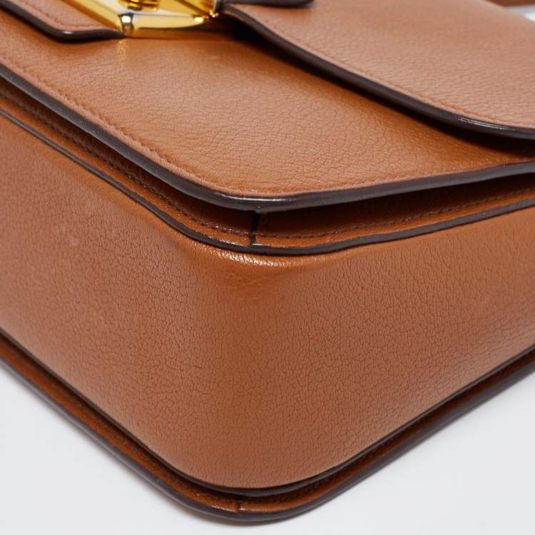 Pre Owned Miu Miu Brown  Leather Push Lock Flap Top Handle Bag