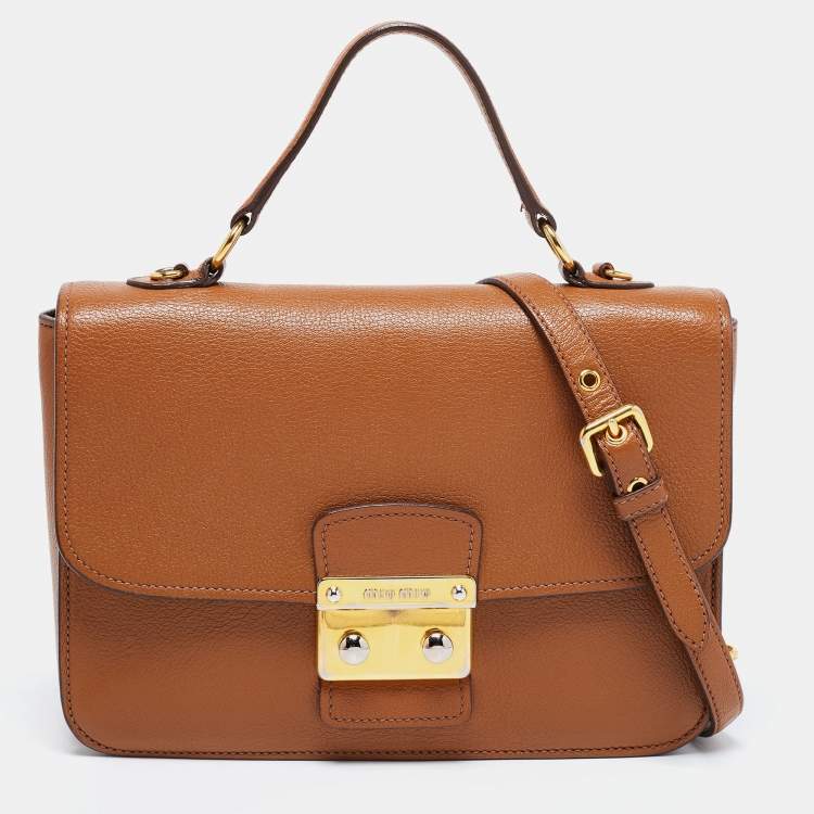 Pre Owned Miu Miu Brown  Leather Push Lock Flap Top Handle Bag