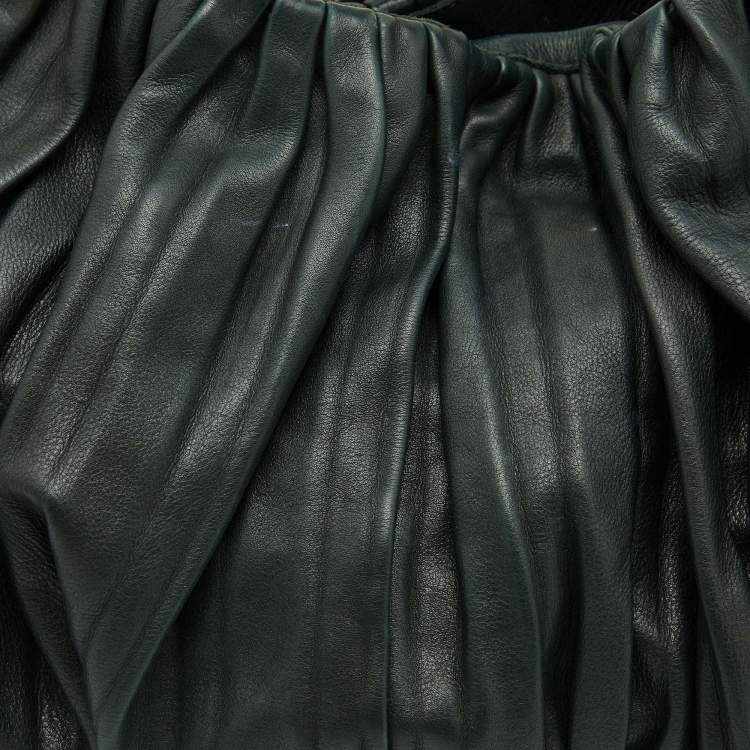 Pre Owned Miu Miu Dark Green Pleated Leather Large Plisse Hobo