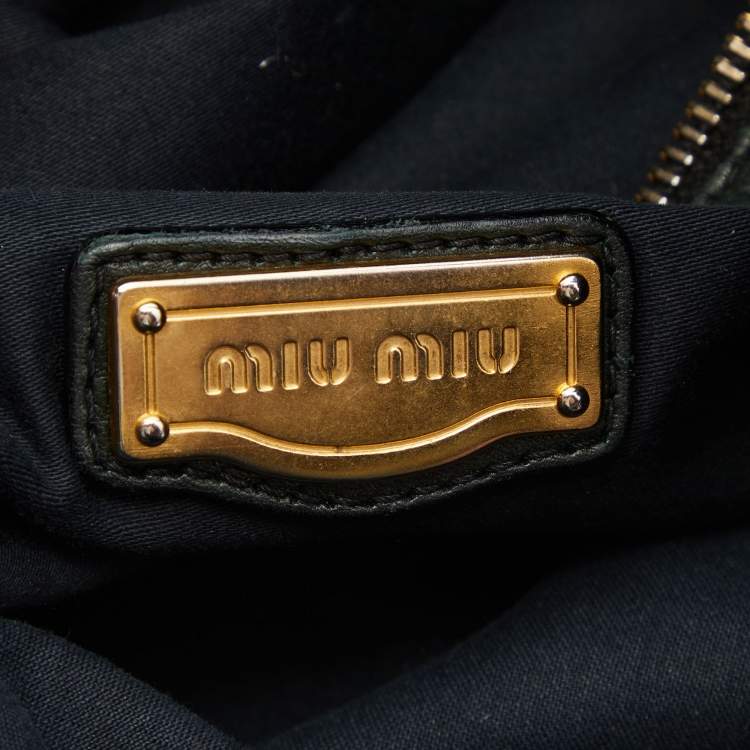 Pre Owned Miu Miu Dark Green Pleated Leather Large Plisse Hobo