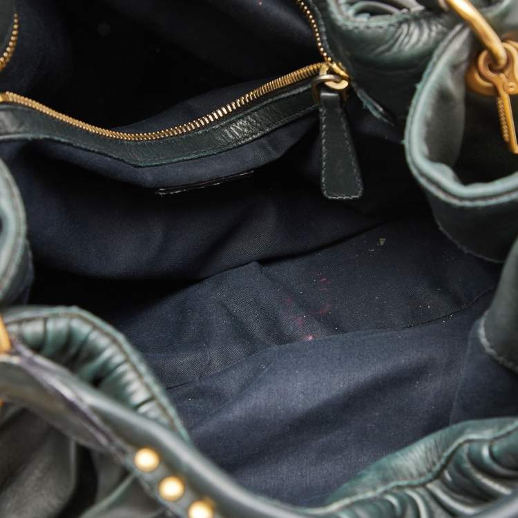 Pre Owned Miu Miu Dark Green Pleated Leather Large Plisse Hobo