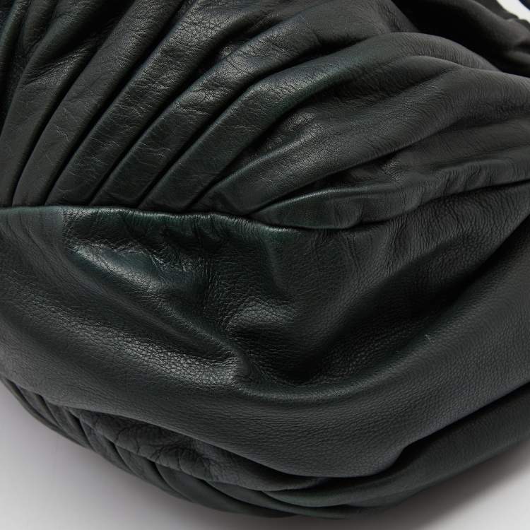 Pre Owned Miu Miu Dark Green Pleated Leather Large Plisse Hobo