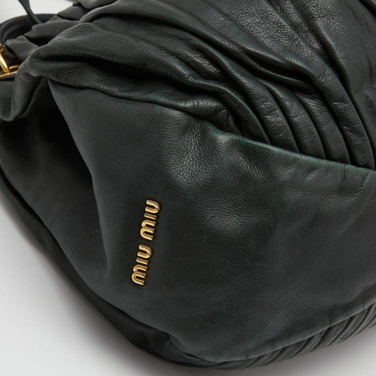 Pre Owned Miu Miu Dark Green Pleated Leather Large Plisse Hobo