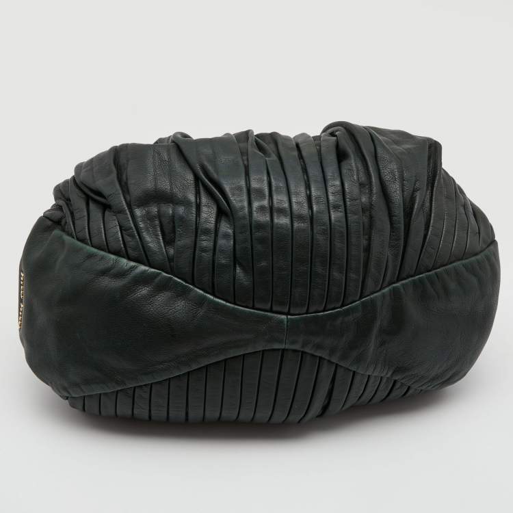 Pre Owned Miu Miu Dark Green Pleated Leather Large Plisse Hobo