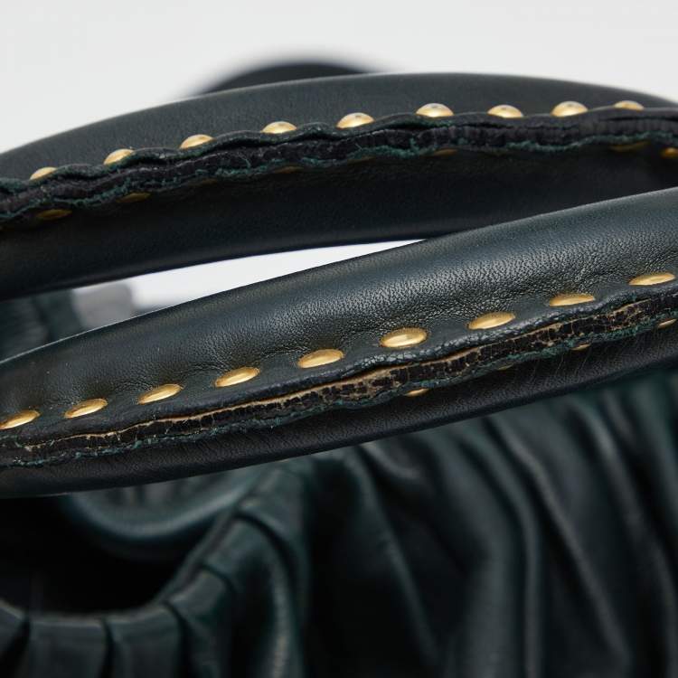 Pre Owned Miu Miu Dark Green Pleated Leather Large Plisse Hobo