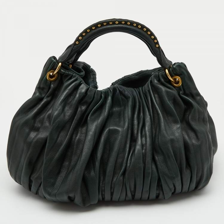 Pre Owned Miu Miu Dark Green Pleated Leather Large Plisse Hobo