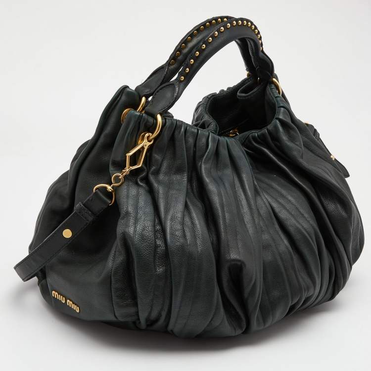 Pre Owned Miu Miu Dark Green Pleated Leather Large Plisse Hobo