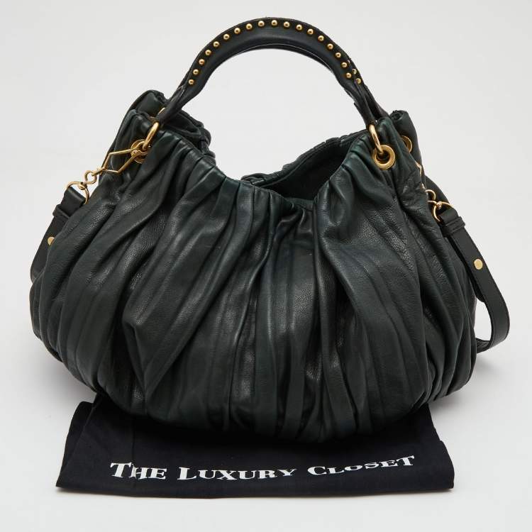 Pre Owned Miu Miu Dark Green Pleated Leather Large Plisse Hobo