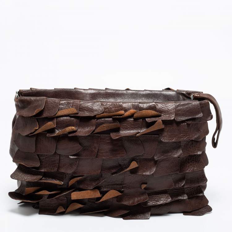 Pre Owned Miu Miu Dark Brown Ruffled Leather Zip Crossbody Bag