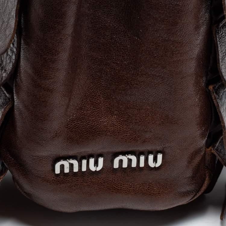 Pre Owned Miu Miu Dark Brown Ruffled Leather Zip Crossbody Bag
