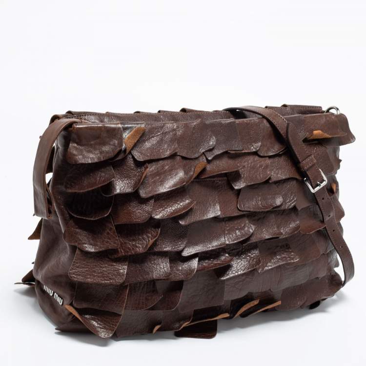 Pre Owned Miu Miu Dark Brown Ruffled Leather Zip Crossbody Bag
