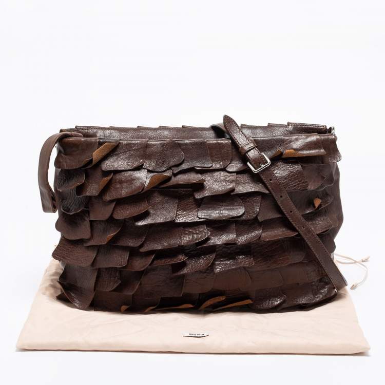 Pre Owned Miu Miu Dark Brown Ruffled Leather Zip Crossbody Bag