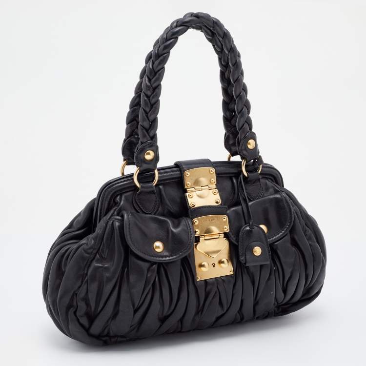 Pre Owned Miu Miu Black Matelassé Leather Coffer Frame Satchel