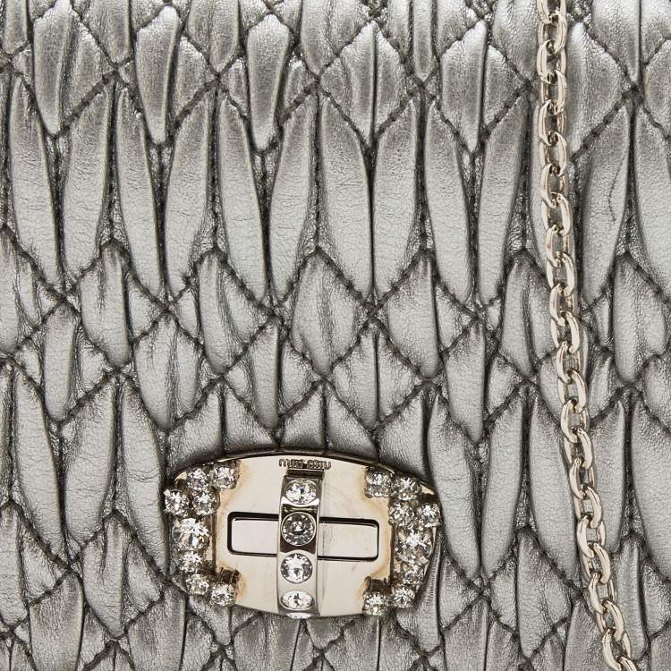 Pre Owned Miu Miu Silver Cloqué Leather Crystal Clutch Bag