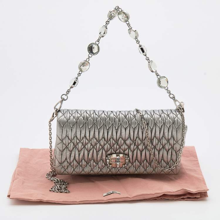 Pre Owned Miu Miu Silver Cloqué Leather Crystal Clutch Bag