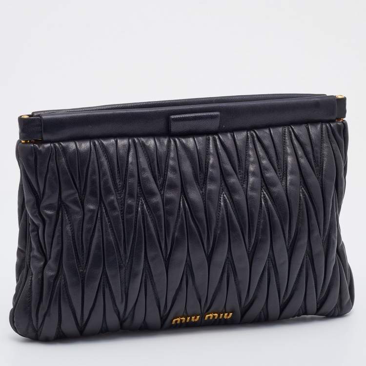 Pre Owned Miu Miu Black Matelasse Leather Frame Clutch 