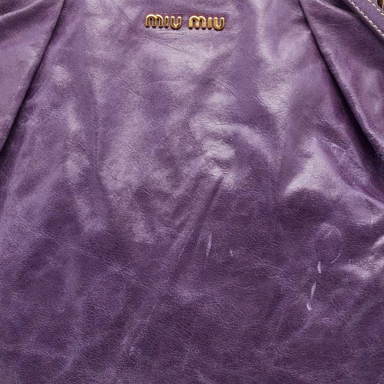 Pre Owned Miu Miu Purple Distressed Leather Metal Frame Satchel
