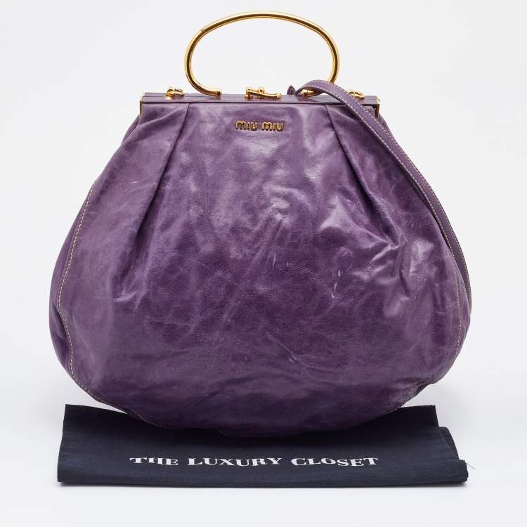 Pre Owned Miu Miu Purple Distressed Leather Metal Frame Satchel