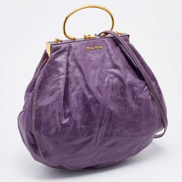 Pre Owned Miu Miu Purple Distressed Leather Metal Frame Satchel