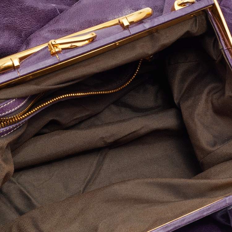 Pre Owned Miu Miu Purple Distressed Leather Metal Frame Satchel