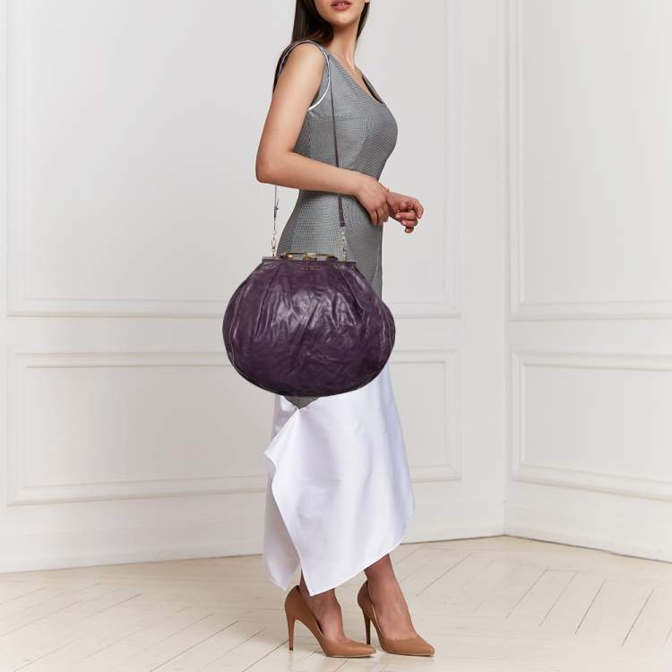 Pre Owned Miu Miu Purple Distressed Leather Metal Frame Satchel