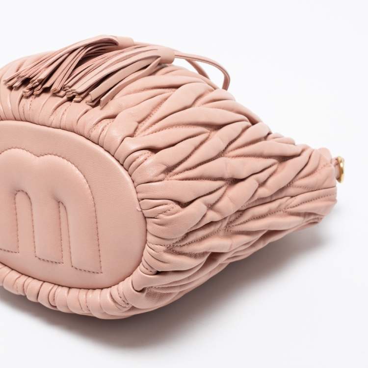 Pre Owned Miu Miu Pink Matelassé Leather Drawstring Bucket Bag