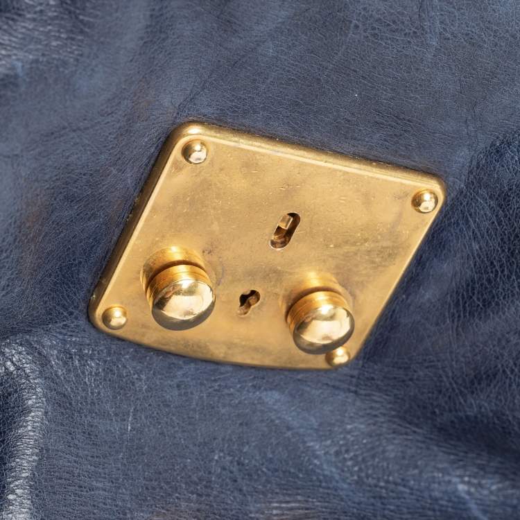 Pre Owned Miu Miu Navy Blue Distressed Leather Bow Satchel