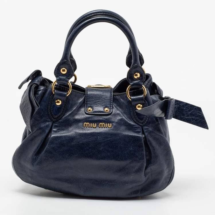 Pre Owned Miu Miu Navy Blue Distressed Leather Bow Satchel