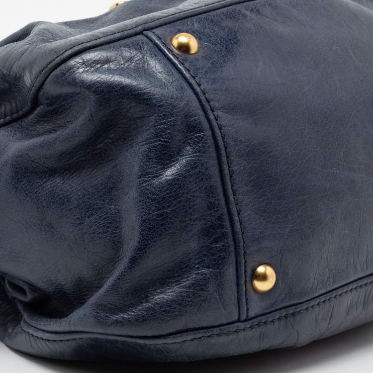 Pre Owned Miu Miu Navy Blue Distressed Leather Bow Satchel
