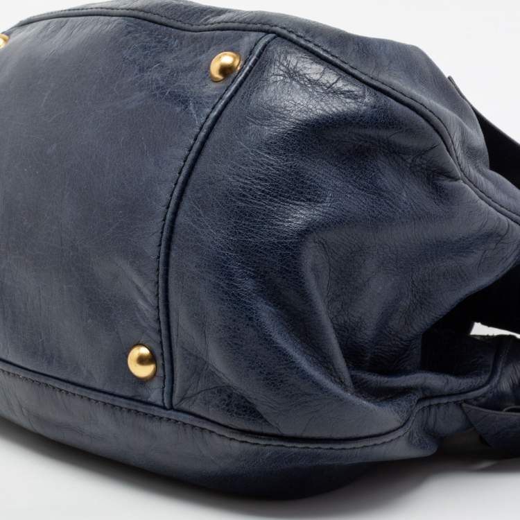 Pre Owned Miu Miu Navy Blue Distressed Leather Bow Satchel