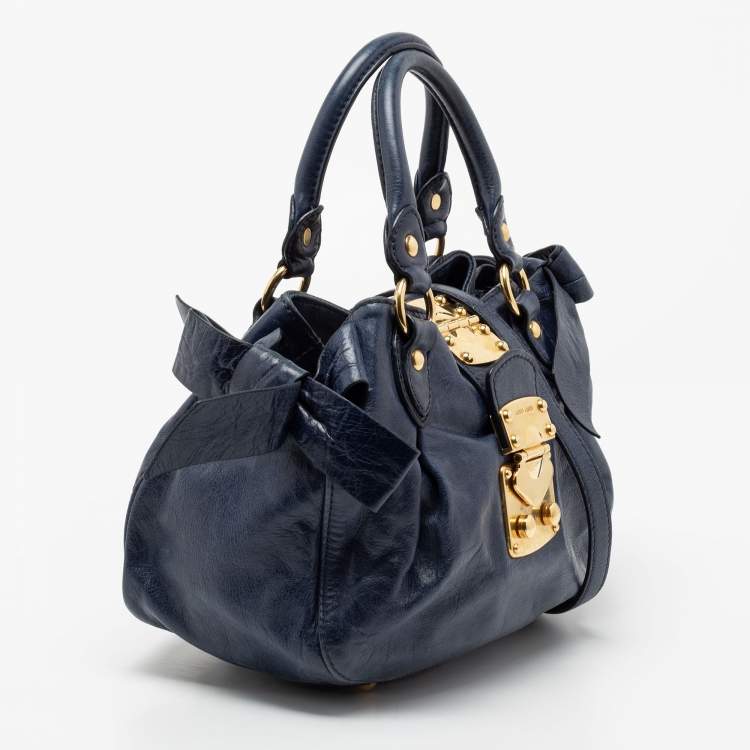Pre Owned Miu Miu Navy Blue Distressed Leather Bow Satchel