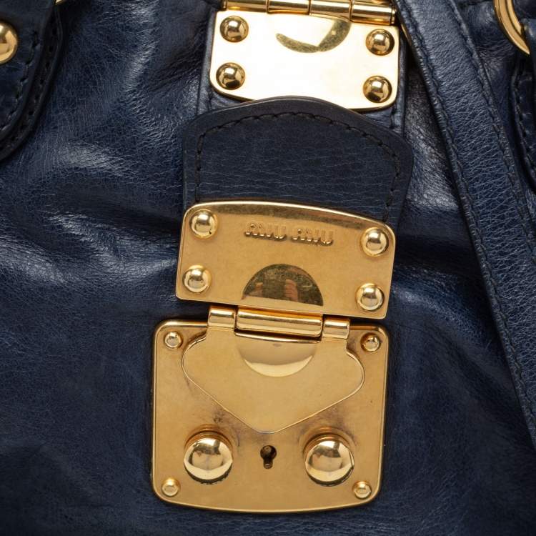 Pre Owned Miu Miu Navy Blue Distressed Leather Bow Satchel