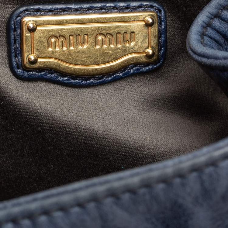 Pre Owned Miu Miu Navy Blue Distressed Leather Bow Satchel