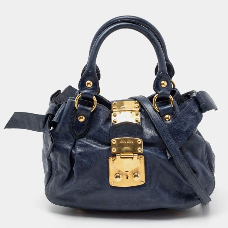 Pre Owned Miu Miu Navy Blue Distressed Leather Bow Satchel