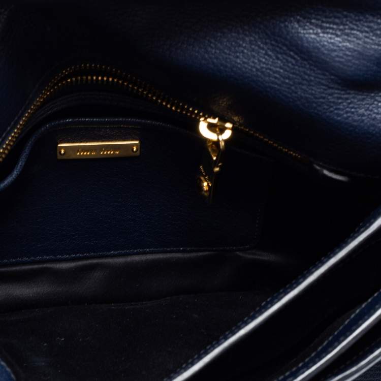 Pre Owned Miu Miu Dark Blue Madras Leather Push Lock Flap Top Handle Bag