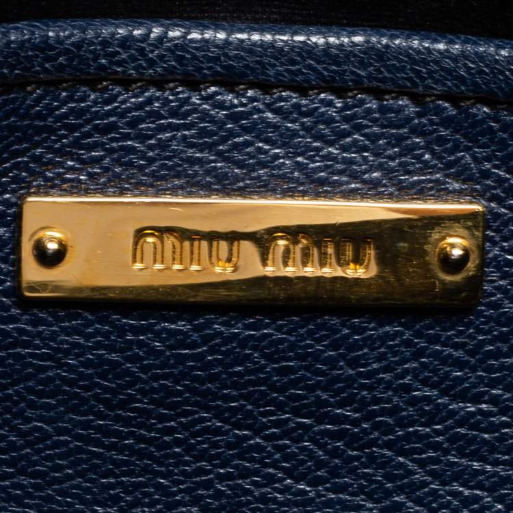 Pre Owned Miu Miu Dark Blue Madras Leather Push Lock Flap Top Handle Bag