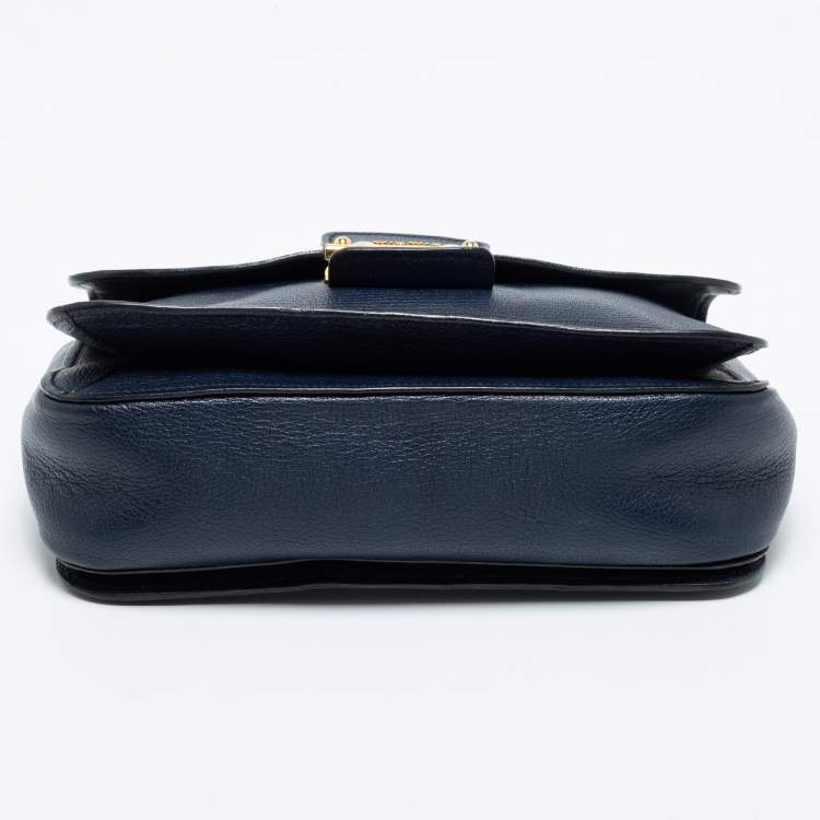 Pre Owned Miu Miu Dark Blue Madras Leather Push Lock Flap Top Handle Bag