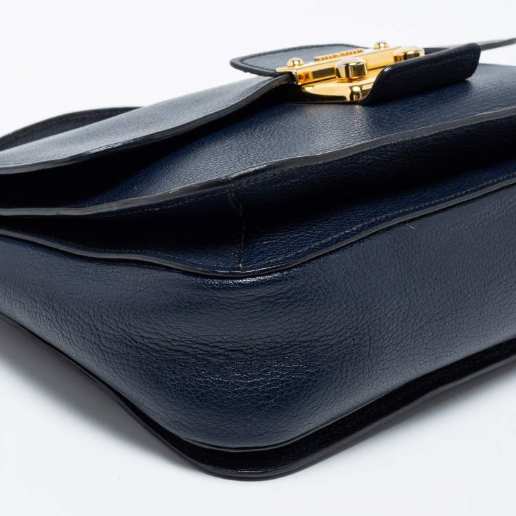 Pre Owned Miu Miu Dark Blue Madras Leather Push Lock Flap Top Handle Bag