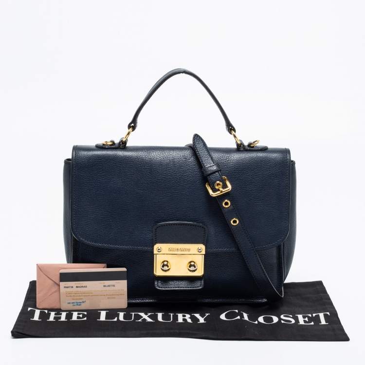 Pre Owned Miu Miu Dark Blue Madras Leather Push Lock Flap Top Handle Bag