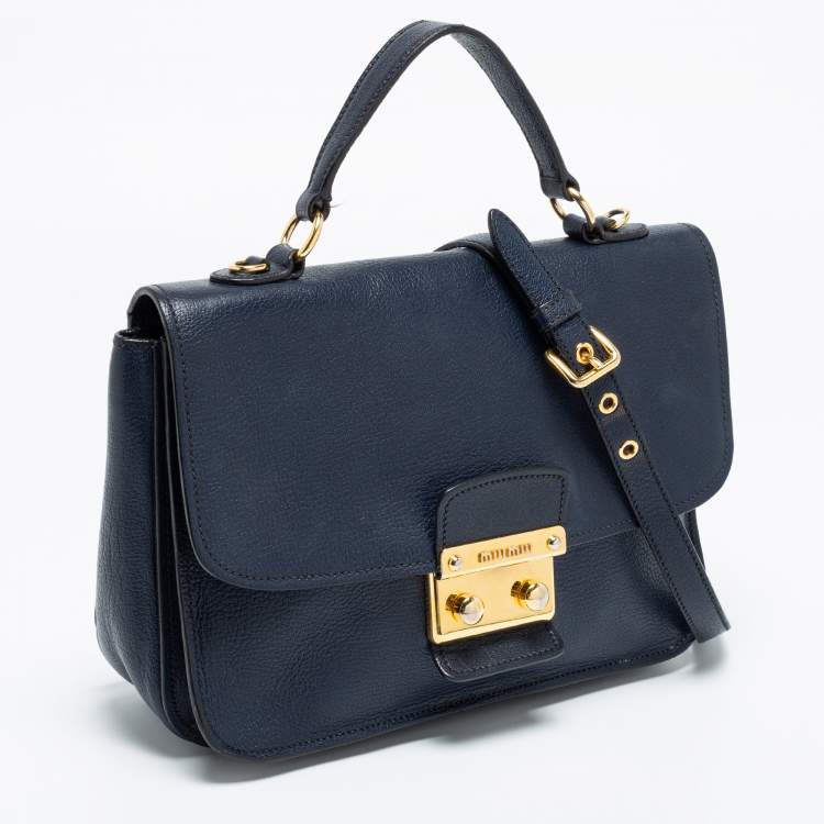 Pre Owned Miu Miu Dark Blue Madras Leather Push Lock Flap Top Handle Bag