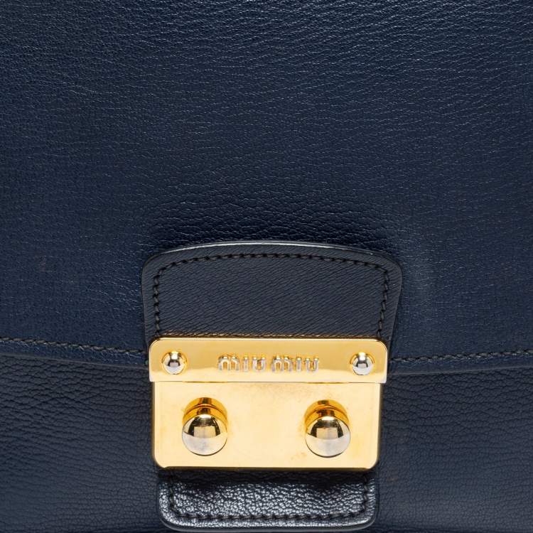 Pre Owned Miu Miu Dark Blue Madras Leather Push Lock Flap Top Handle Bag
